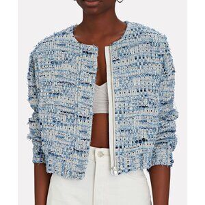 Iro Womens Collarless, Cropped Zippered Jacket XL Blue Denim‎ Tweed Bouclé Jengo